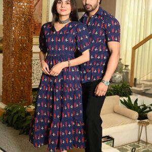 Couple Matching Navy Blue Cotton Printed Anarkali Midi Dress & Shirt Set ? Casual & Festive Wear